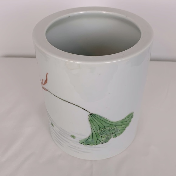 Chinese White Ceramic Water Graphic with Ducks & Flowers Container Vase Planter - Picture 3 of 9